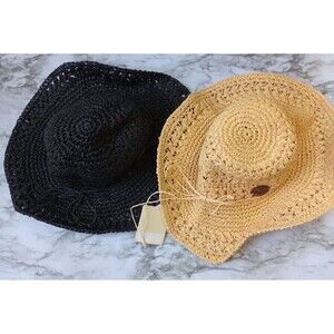 (Bundle) 2 Panama Jack Crocheted Toyo Straw Hats Black Tan